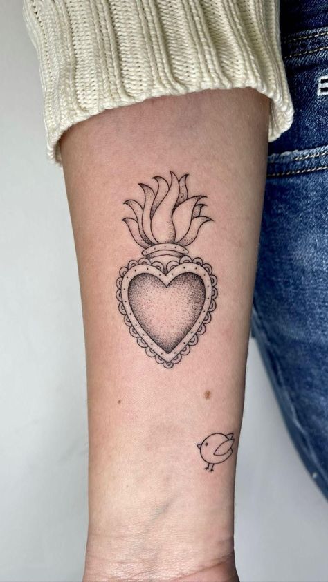 Mexico Heart Tattoo, Frida Heart Tattoo, Milagros Heart Tattoo, Divine Sacred Heart Tattoo, Dainty Sacred Heart Tattoo, Sacred Heart Tattoo Fine Line, Milagro Heart Tattoo, Sacred Heart Chest Tattoo Female, Mexican Tattoo Ideas For Women