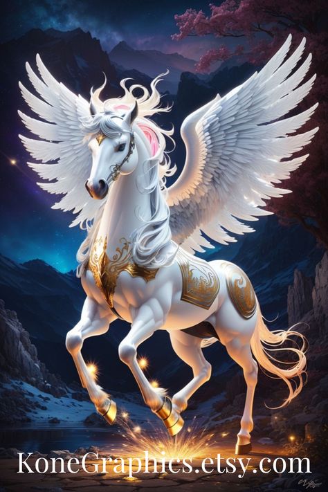 Mythical Creature Pegasus Art | Ethereal World | Home Wall Decor | Digital Download | Art Prints | Instant Download | Fine Art Quality Pegasus (mythology), Pegasus Art, Mythological Monsters, Unicorn Artwork, Mythical Monsters, Unicorn Pictures, Fantasy Horses, Horse Wallpaper, Horse Artwork