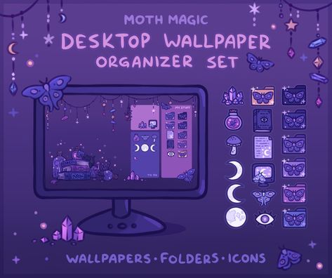 ʚɞ ☾･ﾟ｡｡･ﾟ.*✧･ﾟ ʚɞ A magical moth themed desktop set for anyone who might like some cute witchcraft on their desktop. Customize your icons, folders, shortcuts, and mouse cursor with matching theme and clean up your desktop with the organizer wallpaper. This set includes: 1 Organizer wallpaper in 5 different sizes 1 Desktop wallpaper in 5 different sizes 7 Colored folder icons 11 Other icons 2 Mouse cursors 2 Sizes of phone wallpapers Also includes a PDF with links to help/instructions After purc #icons #icondesign #customicons #businessicons #socialmediaicons #facebookicon #instagramicon #twittericon Pusheen Desktop Wallpaper, Computer Organization Desktop, Desktop Folder Icons Free, Wallpaper Pc Organizer, Witchy Laptop Wallpaper, Purple Desktop Background, Free Desktop Wallpaper Organizer, Computer Wallpaper Organizer, Desktop Icons Aesthetic