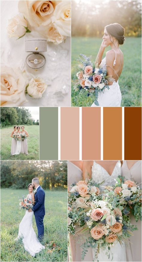 Autumn weddings are stunning when they feature earth toned loose, organic florals, navy groomsmen suites, champagne bridesmaid's dresses, and terracotta and peach in every detail! Sage green and peach Fall wedding color palette, elegant Autumn Wedding Colors for an outdoor wedding, Barn Wedding Colors, Elegant, fine art outdoor Fall wedding, matching bridesmaid's dresses, neutral and peach colors for Fall #fallweddingcolors #earthtonedwedding Bridesmaids Color Palette Summer, Wedding Palette Ideas Spring, Spring Wedding Colors Groomsmen, Spring Wedding Bridesmaids Dresses Color Palettes, Peach Fall Wedding, Autumn Wedding Colours, April Wedding Colors, Autumn Wedding Colors, June Wedding Colors