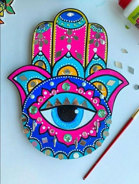 Hamsa Painting, Hamsa Art, معرض فني, Mosaic Art Diy, Evil Eye Art, Diy Crafts Love, Diwali Craft, Dot Art Painting, Jewish Art