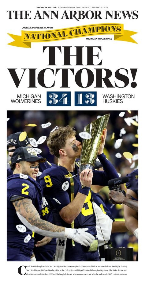 Celebrate Michigan football’s national title by getting this special front page - mlive.com University Of Michigan Logo, Michigan Go Blue, University Of Michigan Wolverines, Michigan Wolverines Football, Michigan Sports, College Football Playoff, Michigan Football, Dream College, Washington Huskies