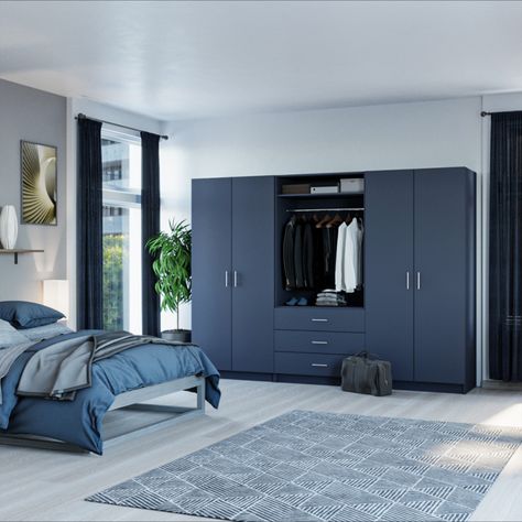 This is our beautiful Indigo Blue colour - two double wardrobes and an open 3-drawer linen press, all combined to make for a stunning wardrobe combination for all your storage requirements in the bedroom. Fully made to measure in any size you require. Colour Pallet For Bedroom, Wadroob Colour Combination, Luxury Bedroom Colour Schemes, Blue Colour Wardrobe Design, Double Colour Wardrobe Design, Wardrobe Color Combinations Bedroom, Wardrobe Mica Colour Combination, Blue Cupboards Bedroom, Navy Wardrobe Bedroom