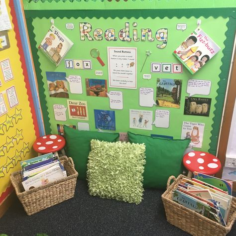 Reading display Ks1 Reading Area, Primary School Reading Corner, Reception Book Corner, Year 1 Reading Area, Ks1 Reading Corner, Reading Display Eyfs, Reading Garden Classroom, Reading Area Eyfs, Reading Corner Display