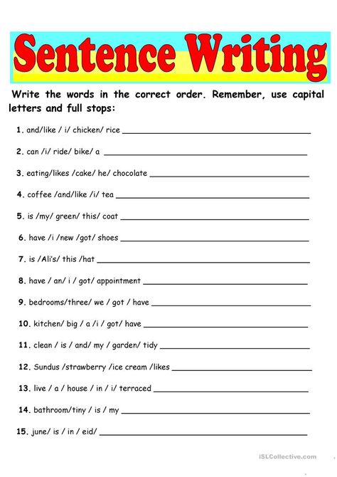 Sentence Writing - English ESL Worksheets for distance learning and physical classrooms English Writing Skills Worksheets, Scrambled Sentences Worksheet, Unscramble Sentences, Improve English Writing Skills, Paragraph Worksheets, Improve English Writing, Writing Sentences Worksheets, Vocabulary Sentences, Writing Complete Sentences