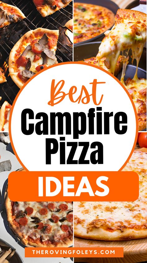 Have some fun on your next camping trip by making your own campfire pizza over an open fire. The kids will have a blast making their own campfire pizza just the way they like it. Try them, I think you're going to love them Foods To Cook Over A Campfire, Pizza Over A Campfire, Cook Over Fire Pit Recipes, Cooking Over Fire Pit Campfire Recipes, Camping Pizza Recipes, Campfire Calzones, Campfire Pizza Cast Iron Skillet, Camp Fire Pizza, Camp Pizza