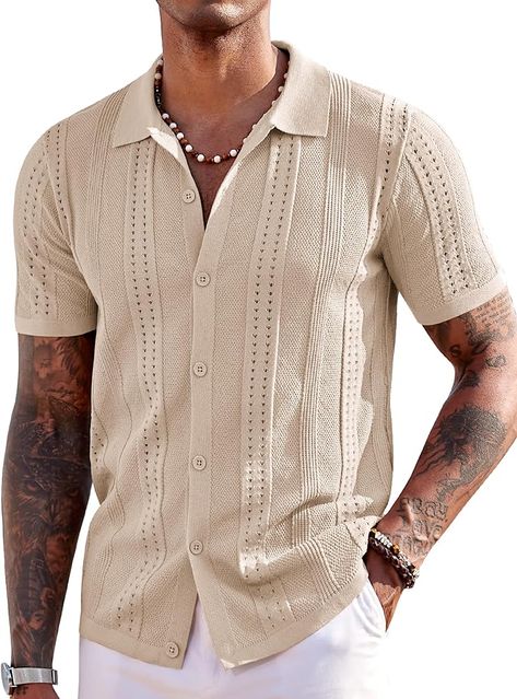 Amazon.com: COOFANDY Men's Knit Shirts Short Sleeve Button Up Polo Shirt Fashion Casual Summer Beach Shirts, Apricot, Small : Clothing, Shoes & Jewelry Knitted Polo, Polo T Shirt Design, Button Down Polo, Short Sleeve Button Up, Men's Knit, Beach Shirts, Knit Shirt, Striped Knit, Minimalist Outfit