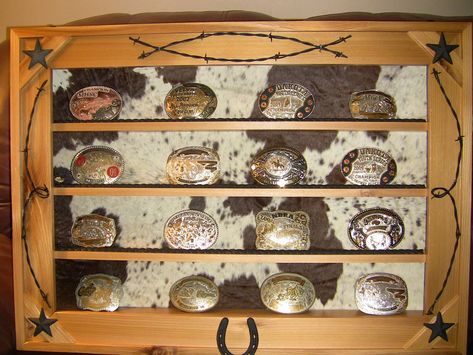 Belt Display Ideas, Buckle Display Case, Display Case Ideas, Diy Display Case, Ag Mechanics, Belt Buckle Display, Western Decorations, Toy Car Collection, Buckle Display