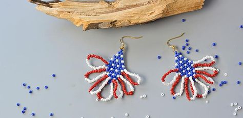 Pandahall Tutorial on How to Make Special American Seed Beads Earrings Seed Beads Earrings, Text Tutorial, Diy Seed Bead Earrings, Patriotic Jewelry, Usa Jewelry, Seed Bead Patterns, Beaded Earrings Patterns, Beads Earrings, Usa Patriotic