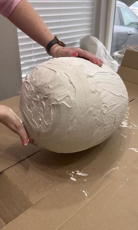 DIY Giant Porch Easter Eggs (Grandin Road Dupe) | Hometalk Diy Bunny Decor, Outdoor Easter Decorations Diy, Jumbo Easter Eggs, Big Easter Eggs, Giant Easter Eggs, Diy Easter Decor, Diy Easter Eggs, Easter Decor Ideas, Paper Mache Eggs