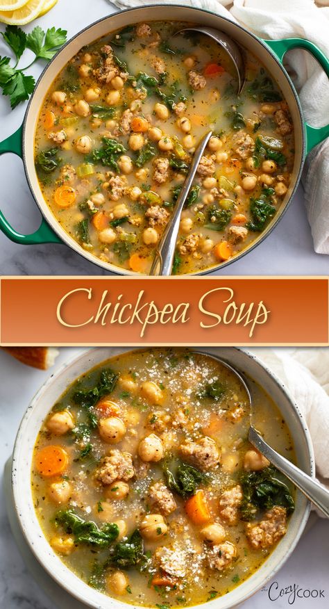 chicken pea soup with turkey sausage and kale. Super Healthy Soup Recipes, Soups Healthy Clean Eating, Chickpea Vegetable Soup, Chicken Chickpea Soup, Gut Health Soup Recipes, Healthy Soups In A Crock Pot, Freezer Soup Recipes, Veggie Soup Recipes Healthy, Gut Healthy Soup