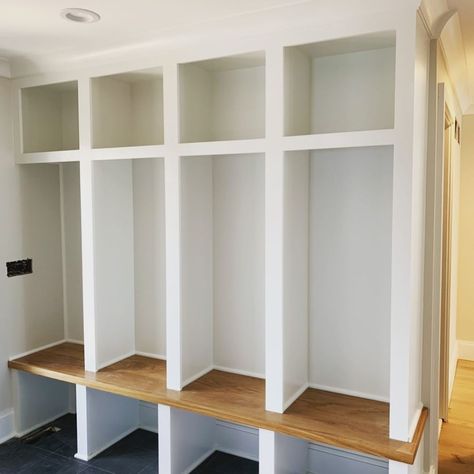 Builtforone’s Instagram post: “Open cubbies#customwoodwork#whiteoak#beachhouse#interiordecor#homedecor#mouldings#wood&white#interiormouldings” Mushroom Built Ins, Mudroom Cubbies, Storage Cubby, Cubby Storage, Changing Room, Livingroom Layout, Cubbies, Built Ins, Future House