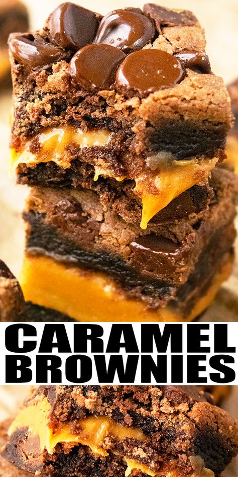 Gooey Chocolate Caramel Bars, Box Brownie Mix Ideas Desserts, Easy Desserts Caramel, Gooey Caramel Brownies, Brownie Recipes Caramel, Caramel Brownie Cake, Easy Caramel Brownies Recipes, Chocolate Caramel Bars Easy Recipes, Brownie Mix Ideas Things To Do With