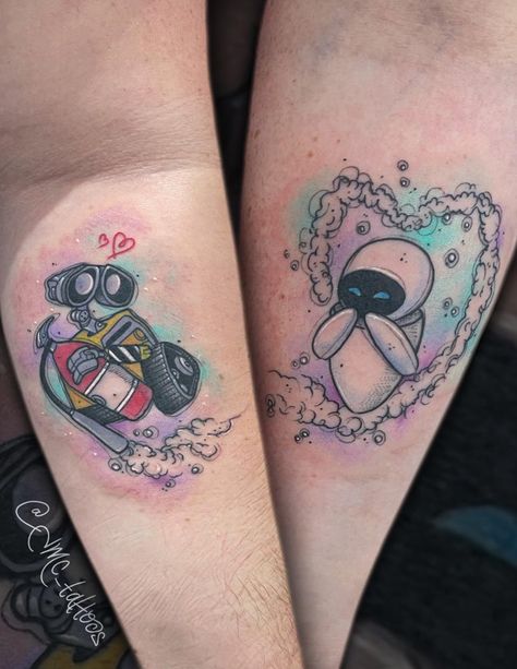 Walle And Eva Tattoo, Walle And Eve Tattoos Couple, Eve And Wall E Tattoo, Walle Eve Tattoo, Walle And Eve Tattoos, Wall E And Eve Tattoo, Harry Potter Couple Tattoos, Wall E Tattoo, Eve Tattoo