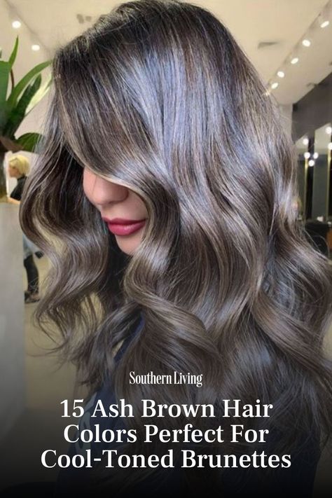 Brunettes everywhere are leaving warm tones in the dust and going for something way cooler: ash brown. This shade is the ultimate anti-brassy-inspired bronde, mixing colors like mocha brown, ashy chestnut, cool blonde, and even smoky silver-blonde. The result? The dreamiest, coolest brunette shade to try whenever you're in need of a refresh. The cool-toned color ensures that you get a touch of flattering multi-dimensional color without having to be on constant watch for brassy flare-ups. #hair #brunette #ashbrown #brunettestyles #haircolor Ashy Brown Hair With Face Framing Highlights, Smoky Brunette Balayage, Non Brassy Brunette, Ash Brown Hair With Curtain Bangs, Ash Mocha Balayage, Multi Tone Hair Color Brown, Ashy Cool Tone Brown Hair, Cool Tone Highlights Brown Hair, Chocolate Ash Blonde Hair