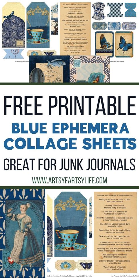 Looking for some beautiful blue tags and tickets, journal pages and fun blue words to use in your junk journals, DIY book or scrapbook supplies? Diy Stickers For Journal, Free Blue Printables, Blue Scrapbook Ideas, Blue Ephemera, Blue Junk Journal, Journal Tools, Printable Tabs, Transfer Techniques, Red Journal