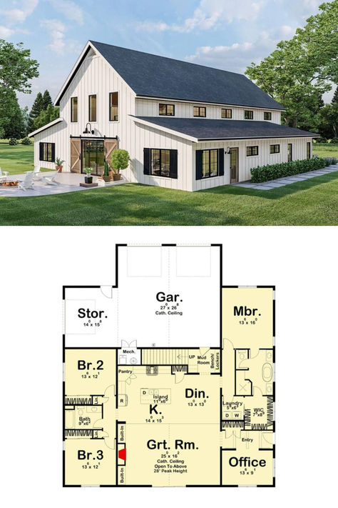 3-Bedroom Country Style Two-Story Barndominium with Rear Garage and Loft (Floor Plan) Barndominium Home, Loft Floor Plan, Country Style Bedroom, Barn Style House Plans, Barndominium Floor Plans, Old Farm Houses, Country Bedroom, Barn Style House, Great Room