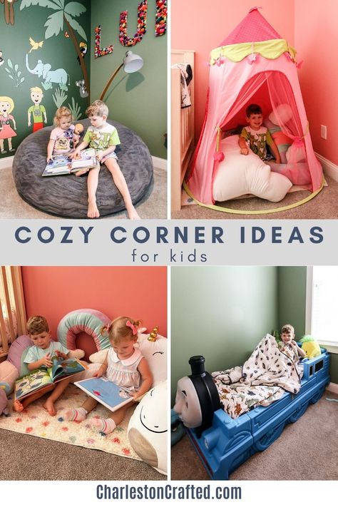 Toddler Room Reading Corner, Reading Corner Ideas For Kids, Relaxation Corner Ideas, Kids Reading Corner Bedroom, Girls Bedroom Reading Corner, Kids Corner Ideas, Kids Quiet Corner, Toddler Cozy Corner, Reading Area For Kids