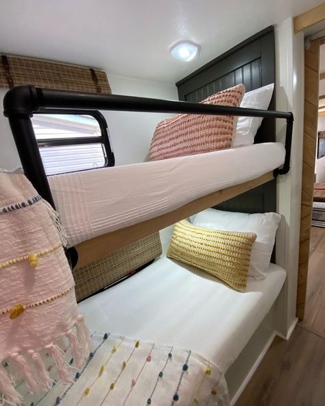 Laredo bunk room transformation I love the camper models with 3 and 4 bunk beds in the back. It reminds me of camping when I was a kid… | Instagram Western Bunkhouse, Camper Bunk Bed Ideas, Rv Bunk Beds Ideas, Bunk Bed Rail, Camper Bunk Beds, Rv Bunk Beds, 5 Siblings, Bunk Room Ideas, 4 Bunk Beds