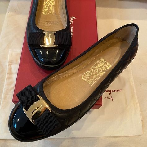 Unworn Ferragamo Quilted Black Leather Ballet Flats with Patent Accents Black Leather Ballet Flats, Salvatore Ferragamo Shoes, Ferragamo Shoes, Ferragamo Flats, Leather Ballet Flats, Black Quilt, Salvatore Ferragamo Flats, Nappa Leather, Salvatore Ferragamo