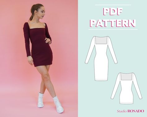 Bodycon Dress Pattern, Bodycon Dress Mini, Couture Mode, Square Neck Dress, Bustier Dress, Dress Sewing Pattern, Dress Mini, Dress Sewing Patterns, Stretch Dress