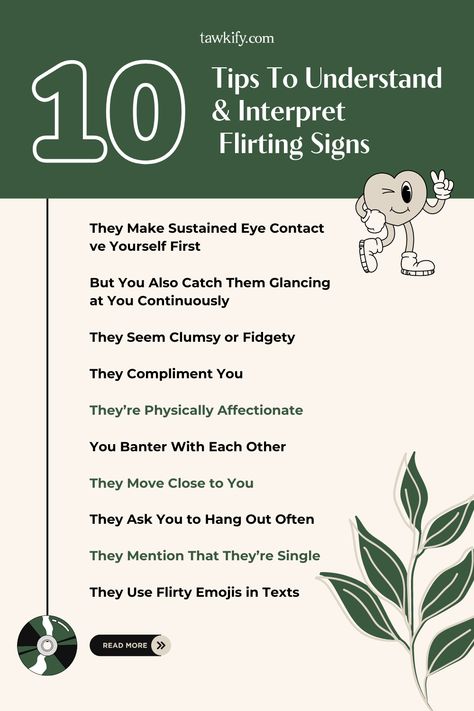 But how do you know if someone is genuinely interested or just being friendly? We’re here to help. The top 10 flirting signs include sustained eye contact, coy glances, compliments, physical affection, playful banter, physical closeness, interest in hanging out, mentioning that they’re single, flirty emojis in text messages, and clumsiness or nervousness. Read on to learn more about each one so that you can be confident in the other person’s intentions. Beach Date Ideas, Signs Of Flirting, Flirty Emojis, What Is Flirting, Physical Affection, Compliments For Her, Date Inspiration, How To Flirt, Act As If