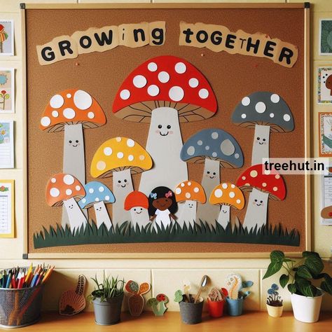 Mushroom Bulletin Board Ideas and Activities for Elementary School in Fall, Back to School Classroom Decoration and Activities Simple Fall Door Decorations Classroom, Bulletin Board Ideas For Parent Info, Fall Inspiration Bulletin Boards, Fall Bolton Boards, Fall Themed Classroom Bulletin Boards, School Pano Ideas, Elementary Back To School Bulletin Board, Vpk Bulletin Board Ideas, Fall Themed School Bulletin Board