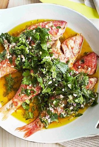 WHOLE BAKED RED MULLET with PARSLEY, ANCHOVY, MINT, DILL & SHALLOT SALAD in LEMON GARLIC DIJON MUSTARD VINAIGRETTE [gourmettraveller] Mullet Recipe, Mullet Fish, Red Mullet, Sea Foods, Delicious Seafood Recipes, Australia Food, Dinner Plan, Chef Recipes, Healthy Eats