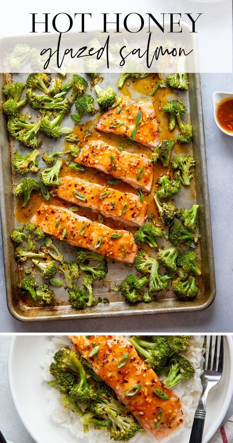 Salmon Sheet Pan Dinner Broccoli, Salmon Glaze Recipes Easy, Oven Roasted Salmon Sheet Pan, Salmon Sheet Pan Dinner Healthy, Recipes With Hot Honey, Broccoli And Salmon, April Meals, Hot Honey Salmon, Broccoli Salmon