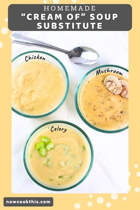 This quick and easy homemade condensed "cream of" soup substitute can be used in all of your recipes that call for canned cream soup. All you need is a few simple ingredients and 10 minutes or less to make up a batch. Pick from cream of chicken, cream of mushroom or cream of celery. It's thick, creamy, flavorful and will make your recipes taste even better than canned versions! Get the recipe and try it! Homemade Cream Of Soup, Chicken Cream Of Mushroom, Cream Soup Substitute, Cream Of Soup, Ckd Recipes, Celery Recipes, Frugal Cooking, Cooking Substitutions, Cream Of Celery