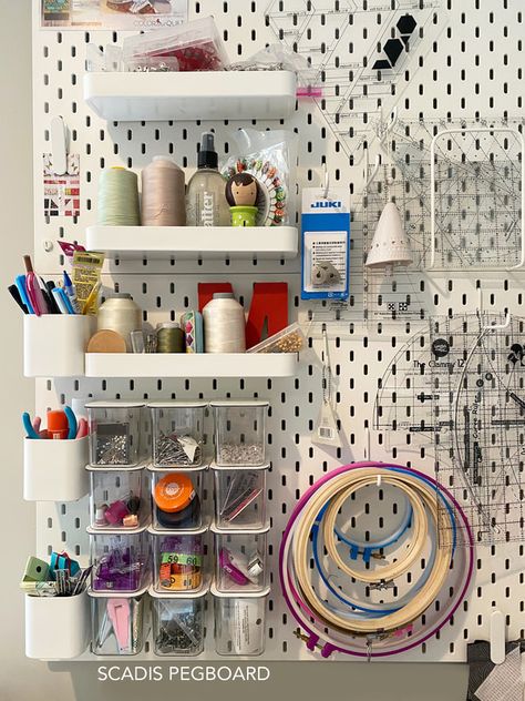 Scadis Ikea wall organizer / peg board for sewing notions in Robin Pickens studio. Wall Organizer Ikea, Peg Board Sewing Organizer, Ikea Skadis Sewing Room, Ikea Pegboard Sewing Room, Skadis Sewing Room, Sewing Wall Organizer, Ikea Board Wall, Ikea Wall Organizer, Sewing Workshop Studio