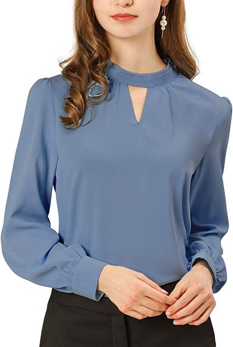 Work Tops For Women Office Style, Office Tops Blouses Work Wear, Office Shirts For Women, Corporate Tops, Office Tops For Women, Everyday Abaya, Office Tops, Stand Collar Top, Office Blouse