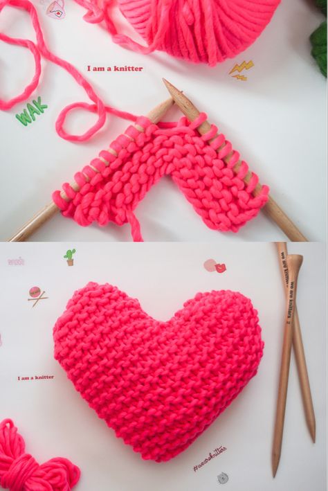 Valentine’s Day knitting project We Are Knitters Happy Cushion Valentine Day Knitting, Valentine’s Day Knitting Patterns, Valentines Day Knitting, Things To Knit For Your Boyfriend, Knitted Valentines Ideas, Valentines Day Knitting Patterns, Knitting Heart Pattern, How To Knit A Heart, Knitted Hearts Pattern Free