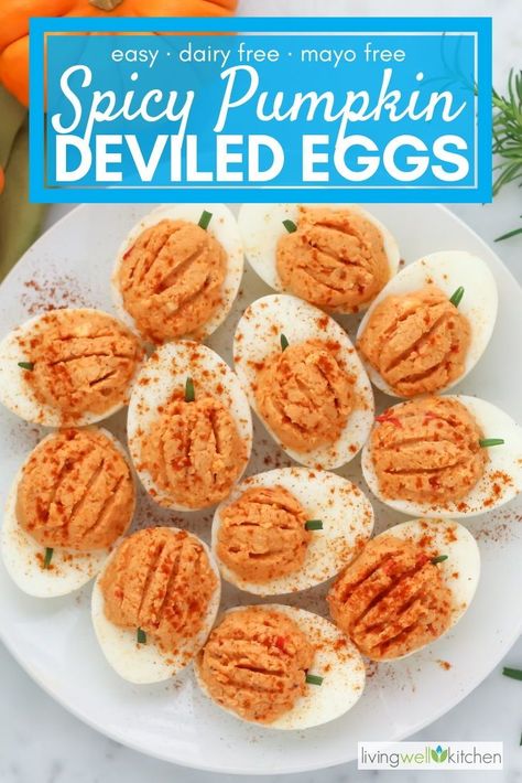 These Spicy Pumpkin Deviled Eggs are a fun appetizer or snack for the fall season. Made with pumpkin puree, there is no need to use mayo, and you get an extra kick of spice from the harissa paste. This recipe is great for using up that random can of pumpkin in your pantry, Halloween, Thanksgiving, tailgating or any fall party with pumpkins. Autumn Appetizers, Gameday Recipes, Pumpkin Deviled Eggs, Pumpkin Appetizers, Recipes Eggs, Gluten Free Puff Pastry, Recipes Pumpkin, Halloween Foods, Pumpkin Recipes Easy