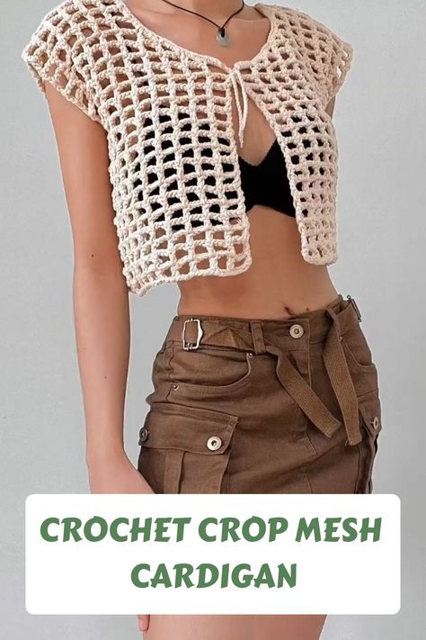 Whether you’re in the mood for a casual top or something more dressy, this Crochet Crop Mesh Cardigan will have you looking your best. Here is a detailed explanation of how to create your own. #crochettop Crochet Mesh Vest, Crochet Mesh Cardigan, Mesh Top Crochet, Mesh Vest, Mesh Cardigan, Crochet Boho Top, Crochet Crop, Crochet Crop Top, Unique Crochet