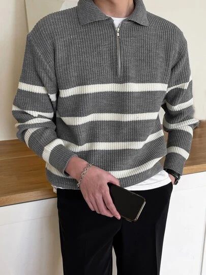 Polo Neck Sweater, Korean Fashion Trends, Polo Neck, Knitwear Men, Mens Jumpers, Striped Sweater, Grey Stripes, Stripe Sweater, Mens Tees