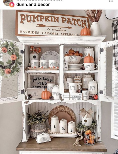 Fall China Cabinet Decor, Fall China Cabinet Display, Rae Dunn Display Ideas, Rae Dunn Cabinet Display, How To Decorate A Hutch, Rae Dunn Pumpkin Display, Rae Dunn Hutch Display, Rae Dunn Display Cabinet, Fall Rae Dunn Display