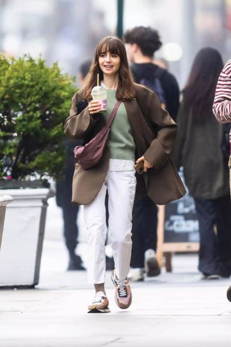 Oversized Brown Blazer, Lily Collins Casual, Lily Collins Street Style, French Girl Fashion, Lily Collins Style, Basic White Tee, French Girl Style, Emily In Paris, Celebrity Street Style