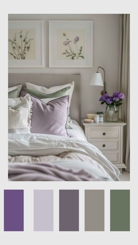 Lavender Bedroom Color Scheme, Bedroom Lilac And Grey, Cute Color Schemes Bedrooms, Lavender Sage Bedroom, Cream And Lavender Bedroom, Bedroom Color Combination Green, Bedroom Inspirations Color Palettes, Bedroom Decor Lavender, Elegant Purple Bedroom