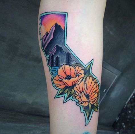 California outline  traditional poppies mountains tattoo by andy revenant California State Tattoos, Flower Tattoo On Ribs, State Tattoos, California Tattoo, Key Tattoos, Street Tattoo, Poppies Tattoo, Blue Tattoo, Beach Tattoo