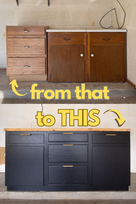 Learn how to upcycle some old kitchen cabinets into a garage workbench! Work Bench From Kitchen Cabinets, Kitchen Cabinets In Garage Reuse, Dresser As Kitchen Cabinet, Repurposing Kitchen Cabinets, Upcycle Kitchen Cabinets, Repurpose Kitchen Cabinets, Workbench Cabinets, Kitchen Cabinets In Garage, Repurposed Kitchen Cabinets