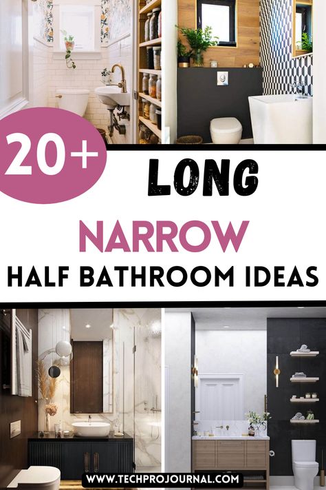 Working with a narrow half bathroom? These ideas maximize every inch with smart layouts, compact vanities, and unique decor touches, making the most out of your long, narrow half bathroom. Powder Room Addition, Long Narrow Bathroom Decor, Bathroom With Pony Wall By Toilet, Toilet And Vanity Opposite Wall, Powder Room Layout Plans, Long Half Bathroom Ideas, Narrow Galley Bathroom Ideas, Long Narrow Bathroom Design, Long Narrow Powder Room Ideas