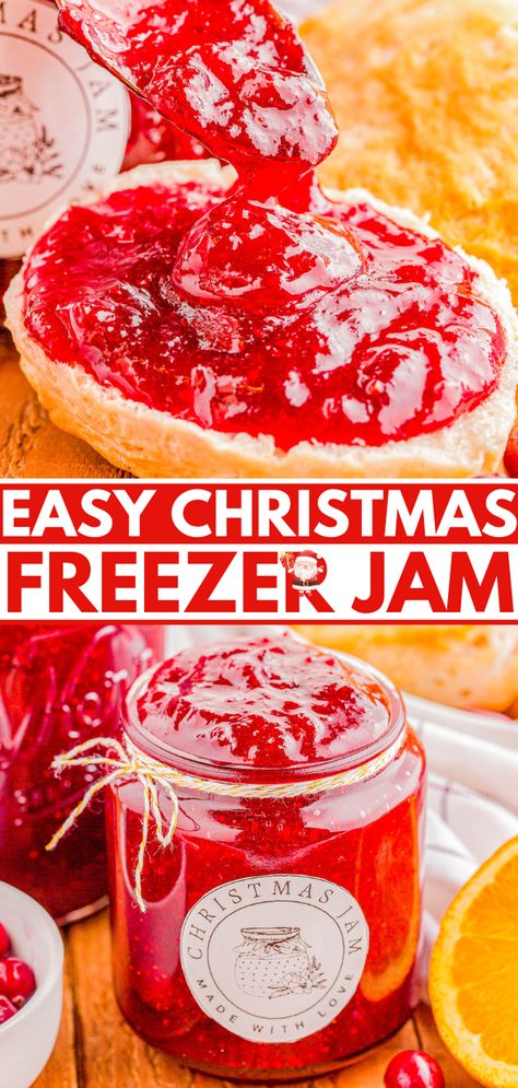 Christmas Freezer Jam - Averie Cooks Cranberry Freezer Jam, Christmas Jam No Pectin, Christmas Jam Recipes, Christmas Brunch Menu, Refrigerator Jam, Jam Gift, Freezer Jam Recipes, Recipe For Christmas, Cookie Exchange Recipes