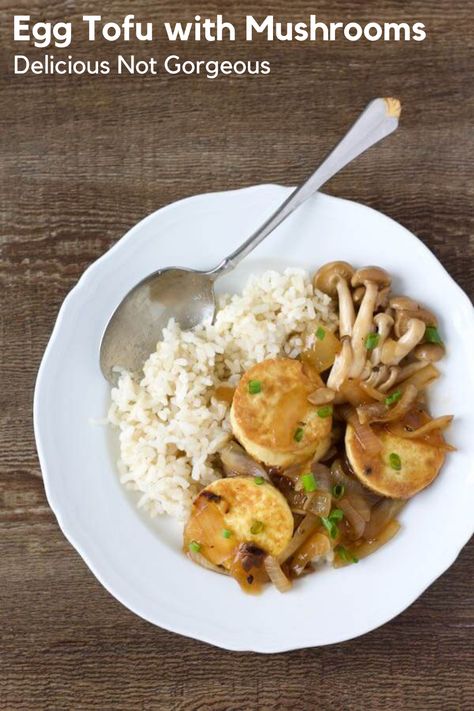 This egg tofu recipe is healthy and hearty, with plenty of crispy egg custard rounds and tender mushrooms. It's served with plenty of rice to help soak up all that sauce! Egg Tofu Recipes Chinese, Egg Tofu Recipes, Shrimp Tofu Recipe, Tofu With Mushrooms, Mushrooms And Rice, Asian Tofu Recipes, Tofu Mushroom, Asian Veggies, Asian Tofu