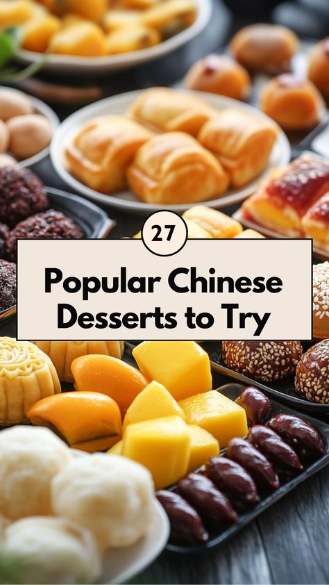 An assortment of popular Chinese desserts, including mooncakes, mango pudding, tangyuan, and red bean buns, displayed on a table, showcasing their vibrant colors and unique textures. Chinese Dessert Recipe Traditional, Chinese Sweets Desserts, Chinese Deserts Sweets, Easy Foreign Desserts, Asian Dessert Table, Chinese Baked Goods, Foreign Dessert Recipes, Easy Chinese Dessert Recipes, Chinese Party Food