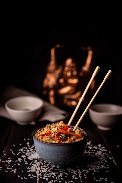 Bowl of asian food with rice and chopsti... | Free Photo #Freepik #freephoto #asian-cuisine #asian-food #traditional-food #oriental-food Wok Photography, Rice Bowl Photography, Rice Food Photography, Korean Food Photography, Food With Rice, Sushi Photography, Bowl Photography, Japanese Food Photography, American Chinese Food