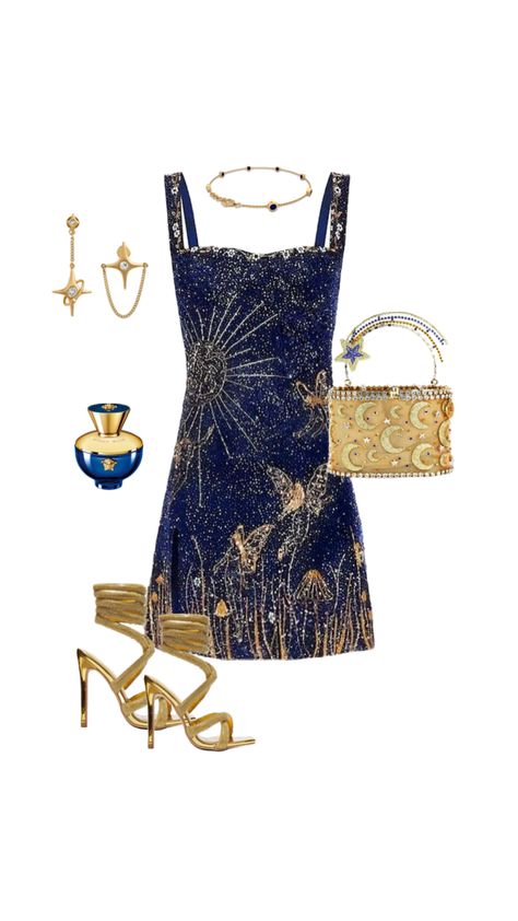 outfit inspo, elegant outfit inspiration, blue and gold outfit, golden jewels, star and gold fashion, fashion inspo, gold heels, glitter gold dress, stargirl aesthetic Glitter Gold Dress, Outfit Inspo Elegant, Aesthetic Prom Dress, Golden Outfit, Stargirl Aesthetic, Midnight Blue Dress, Glitter Outfit, Heels Glitter, Gold Outfit