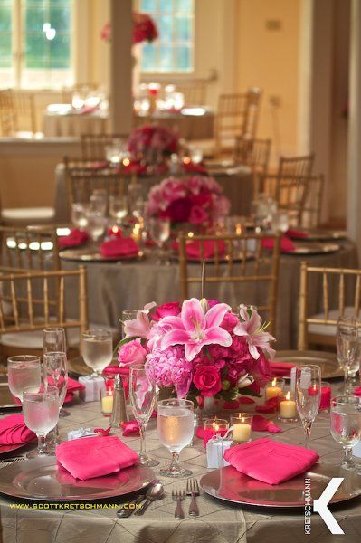 stargazer but not so much other hot pink Hot Pink Wedding Reception, Fushia Wedding Decor, Hot Pink Centerpieces Birthday, Hot Pink Table Setting, Fuschia Wedding Centerpieces, Hot Pink Quinceanera Theme, Reception Candle Centerpieces, Fuchsia Wedding Colors, Hot Pink Centerpieces