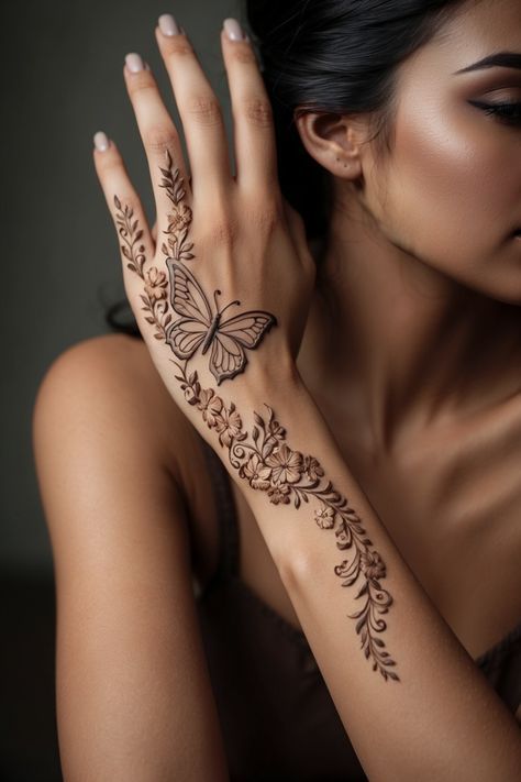 Henna Designs With Butterflies, Butterfly Henna Tattoo Designs, Turkish Mehndi Designs, Mehandi Designs Butterfly, Aesthetic Henna Designs Butterfly, Henna Designs Butterflies, Arm Mendhi, Henna Aesthetic Designs, Butterfly Mehendi Designs