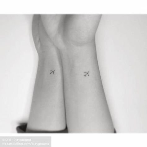 Tiny Tattoo For Couples, Dainty Airplane Tattoo, Minimalistic Couple Tattoo, Plane Tattoos, Plane Tattoo, Airplane Tattoos, Tattoo Minimal, Petite Tattoos, Bff Tattoos